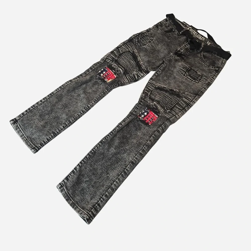 Street Rules Ripped Black denim jeans American flag kids- 12